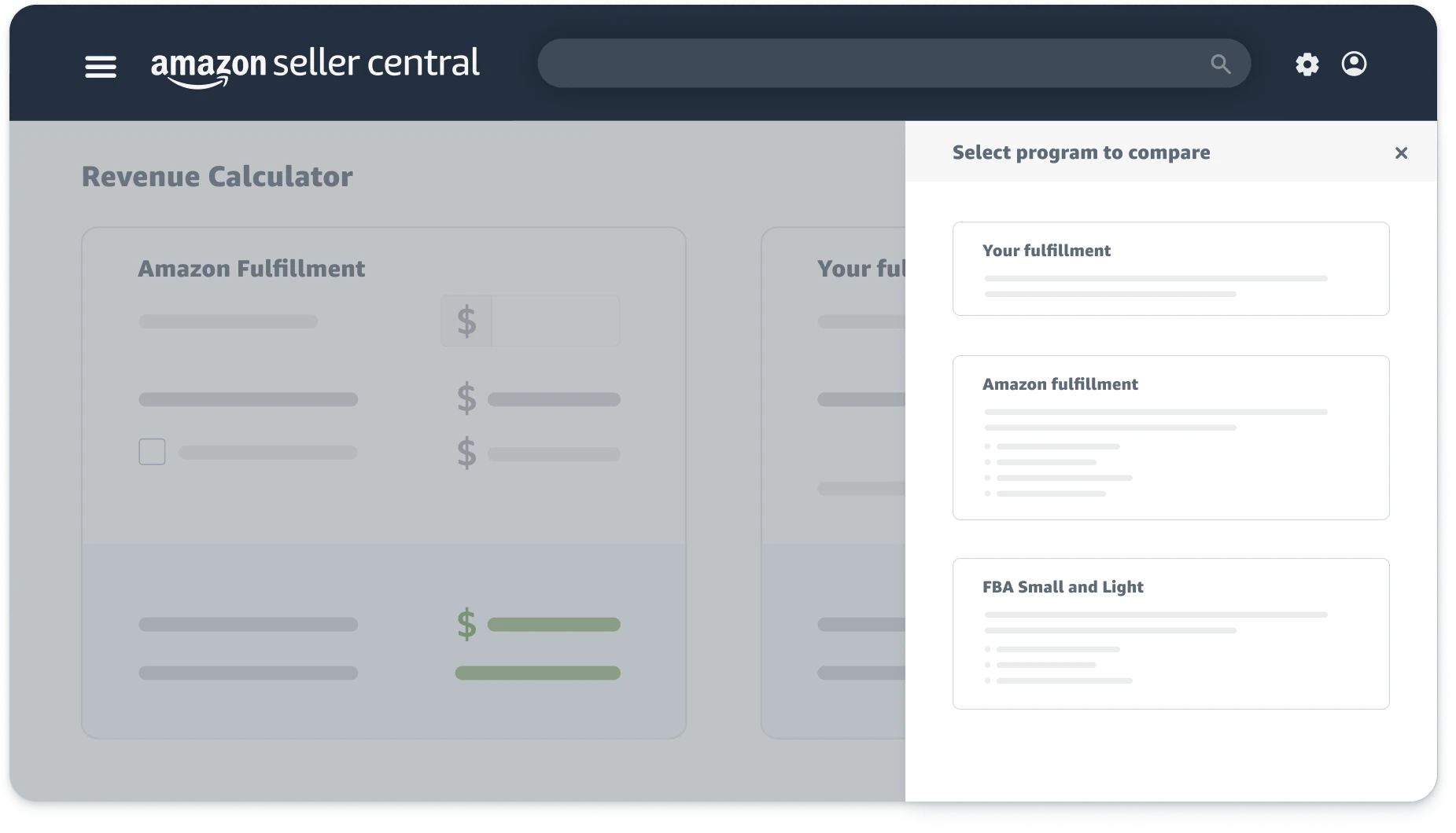 아마존 주문 처리 방식 비교 화면. FBA와 자체 배송 방식의 수익성을 나란히 비교할 수 있는 계산기 인터페이스